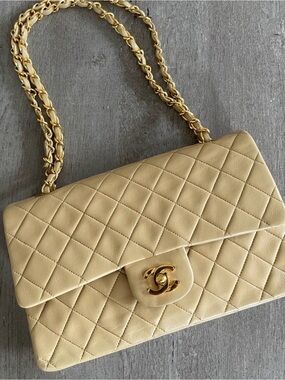 Vintage CHANEL Quilted Double Flap in Beige with 24k Gold hardware